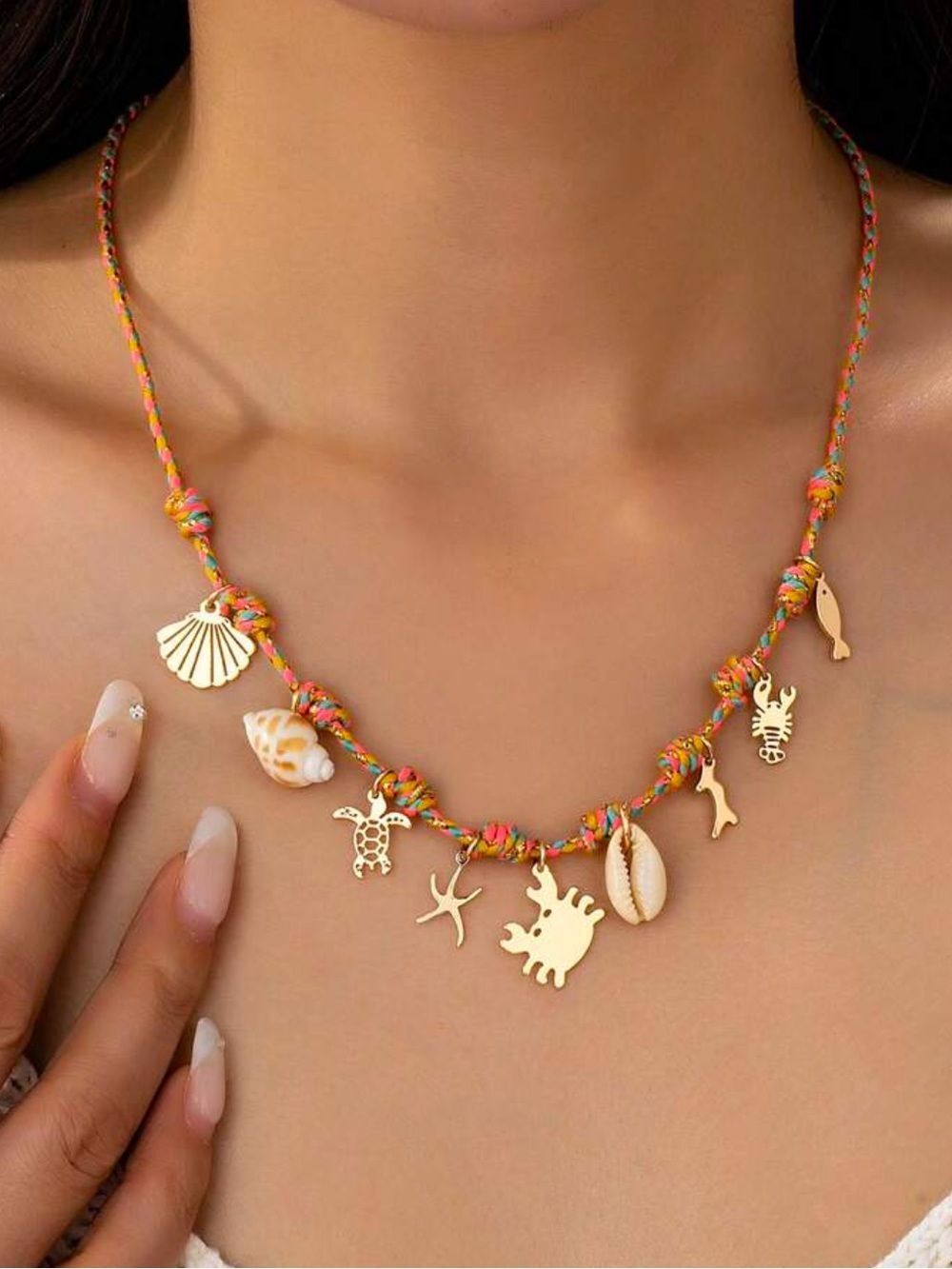 Gold Sea Charm Multicolor Cord Necklace D796